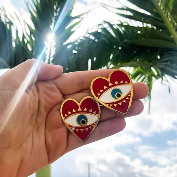NEW! Boho Red Enamel Heart Evil Eye Stud Earrings - Picture 2 of 7